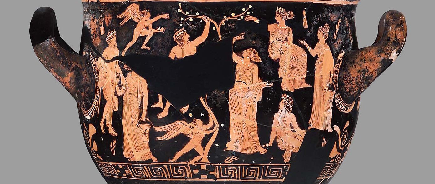 Mixing bowl (bell krater) depicting youths and maidens gathering fruit Greek Classical Period about 400 B.C.