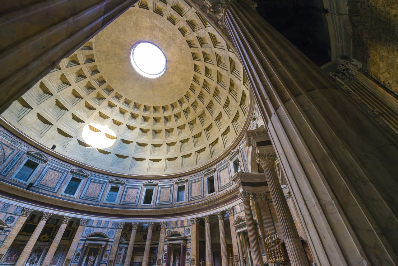 The Pantheon Oculus, a 25-foot-wide circular opening at the top of the dome, is the sole source of natural light inside the ancient Roman temple. It also serves as a sundial, casting changing beams of sunlight onto the interior floor during the day. During the spring and fall equinoxes, a particularly bright light spectacle occurs, captivating visitors. Photo by Mats Silvan / Getty Images. https://www.thoughtco.com/influencial-architecture-of-the-pantheon-177715