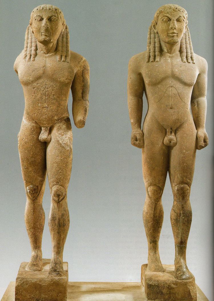 The twin statues by Polymedes of Argos, conventionally known as "Kleobis and Biton".