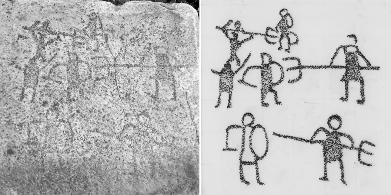 Graffiti discovered in the ancient city of Aphrodisias shows gladiator fights between a retiarius (a gladiator armed with a trident and net) and a secutor (gladiator equipped with a sword and shield). Credit: Drawing by Nicholas Quiring, photograph courtesy Angelos Chaniotis