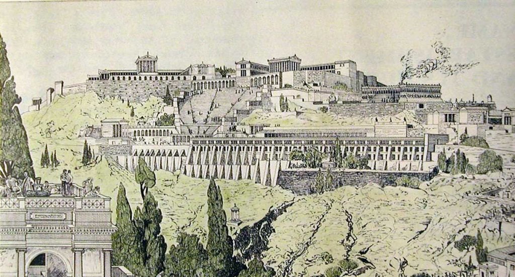 Drawing of ancient Pergamon. Scanned from the booklet of Pergamon Museum, Berlin. Image drawn by 19th century German archaeologist. https://jenikirbyhistory.getarchive.net/media/drawing-of-ancient-pergamon-3e2284