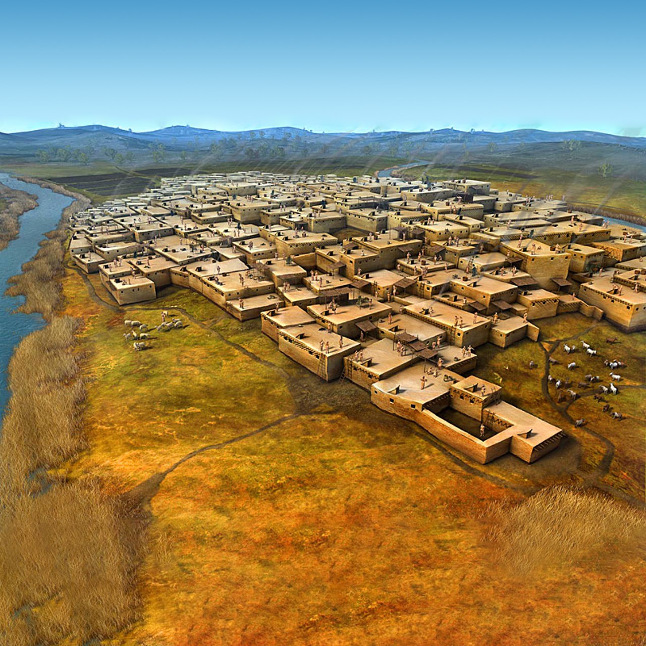 This is an artist's impression of Çatalhöyük. Image credit: Dan Lewandowski.