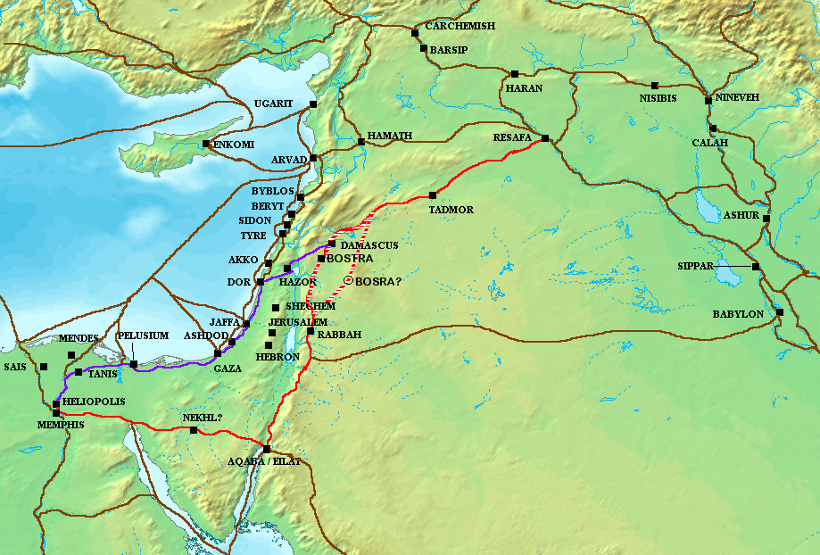 The Via Maris (purple), King's Highway (red), and other ancient Levantine trade routes, c. 1300 BCE