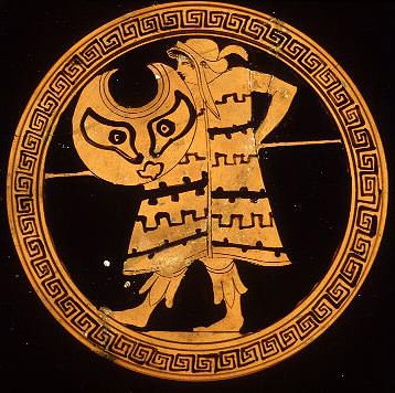 In this tonto on an ancient Greek vase a peltast carrier his pelta and a spear while clad in a long Thracian war cloak and wearing scalloped leather leggings.