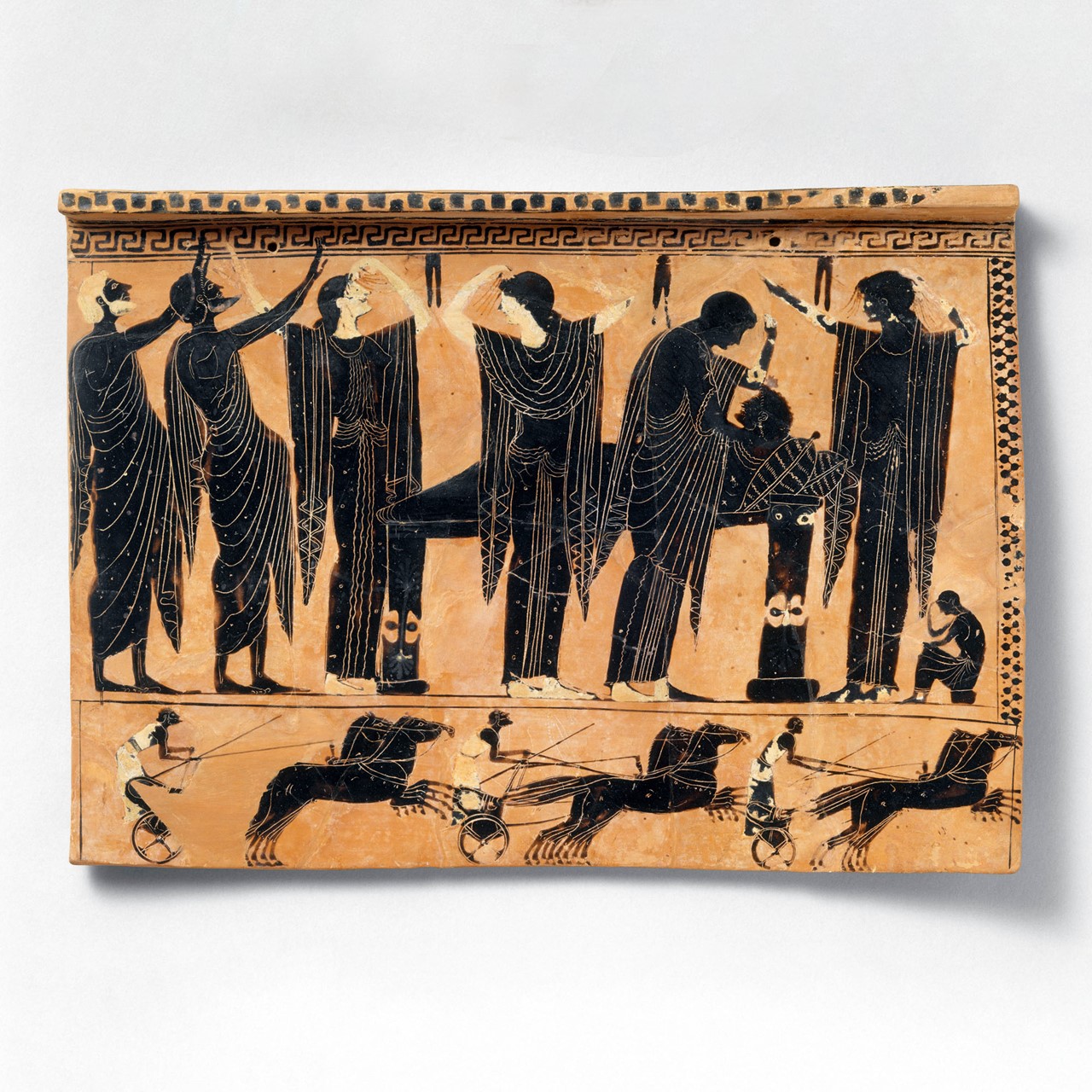 Black figure terracotta of funerary practice in the Archaic period, c. 520 - 510 BC. Held by the Met Museum, Accession Number: 54.11.5