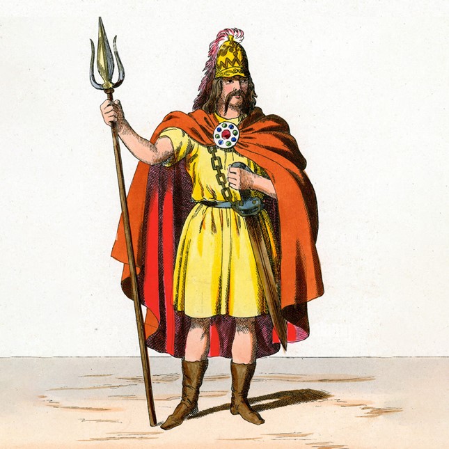Full-length Portrait of King Cassivellaunus (Cymbeline), King of the Catuvellauni, Ancient Briton & Chieftain commanding against Roman Emperor Julius Cesar.