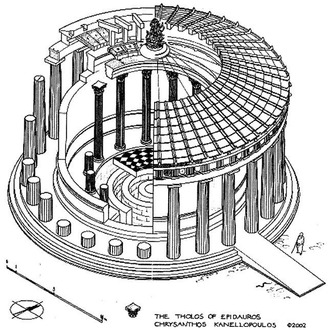 The Tholos at Epidaurus was constructed between 360 and 330 BC and was designed by architect Polykleitos.