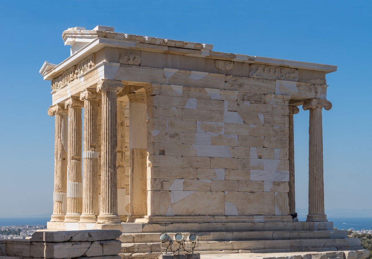 Northeast view of the Temple of Athena Nike, a amphiprostyle temple.