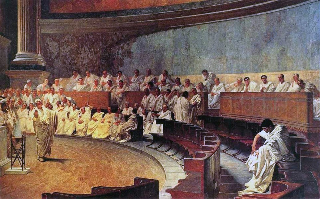 Representation of a sitting of the Roman Senate: Cicero attacks Catiline, from a 19th-century fresco