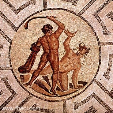 Theseus battles the bull-headed Minotaur in the heart of the labyrinth. The hero prepares to strike the beast with a club or bone. The labyrinth is depicted as stylized, circular maze.
