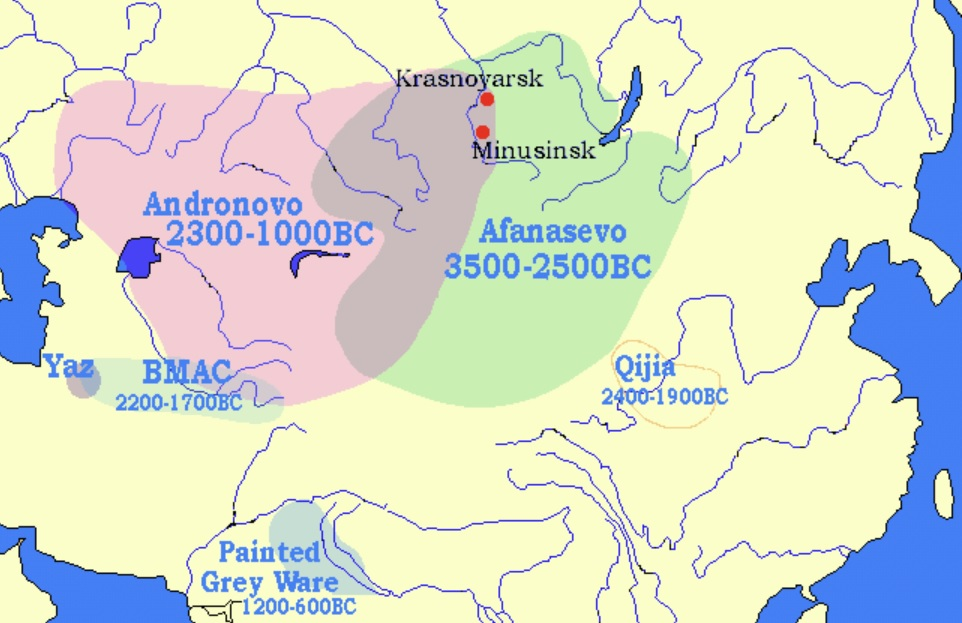 A map with marked archaeological sites from Afanasievo and Andronovo cultures https://www.indo-european-connection.com/science/afanasievo-culture