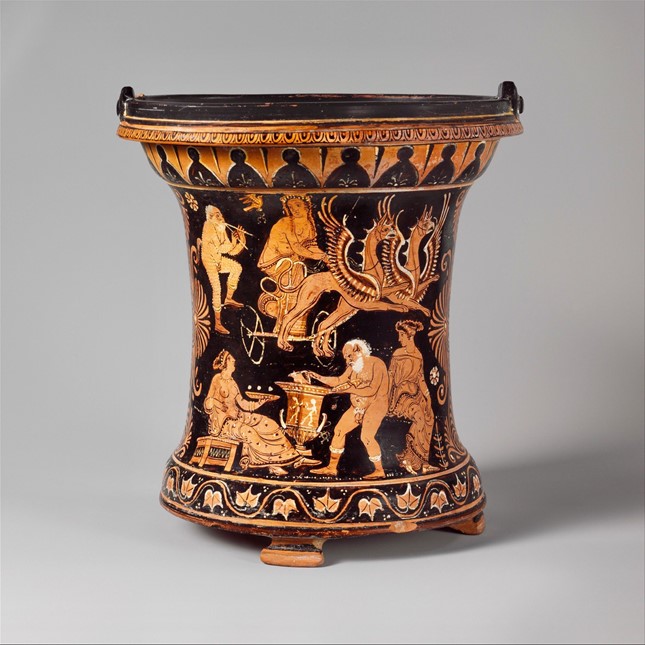 Terracotta situla (bucket) - attributed to the Lycurgus painter - Late Classical period / Ancient Greek culture / Apulian culture (South Italian) - circa 360-340 B.C. - Apulia (South Italy)