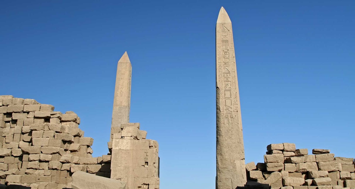The obelisks at Karnak, Egypt. The obelisk on the right was erected by Thutmose I (reign c. 1520 - 1492 BCE) while that on the left by Hatshepsut (1479-1458 BCE).