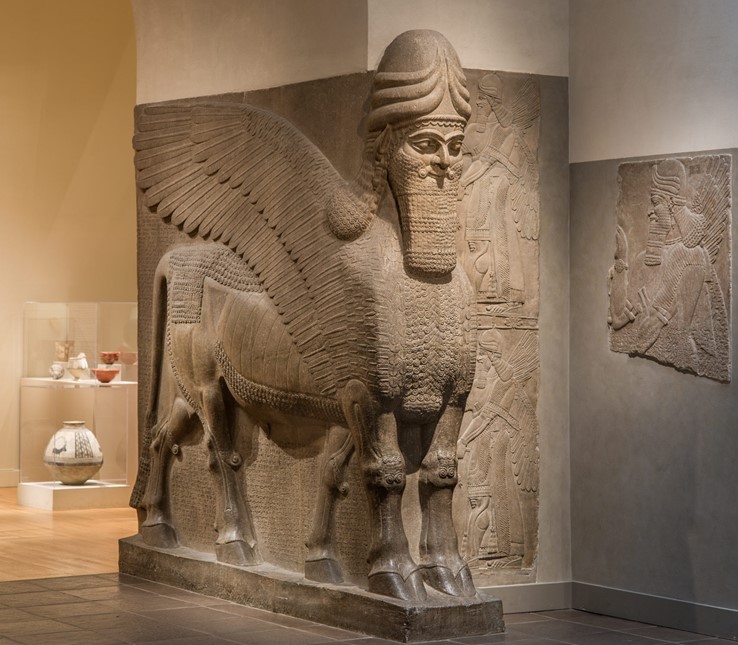 Human-headed winged bull (lamassu) Period: Neo-Assyrian  Date: ca. 883–859 B.C.