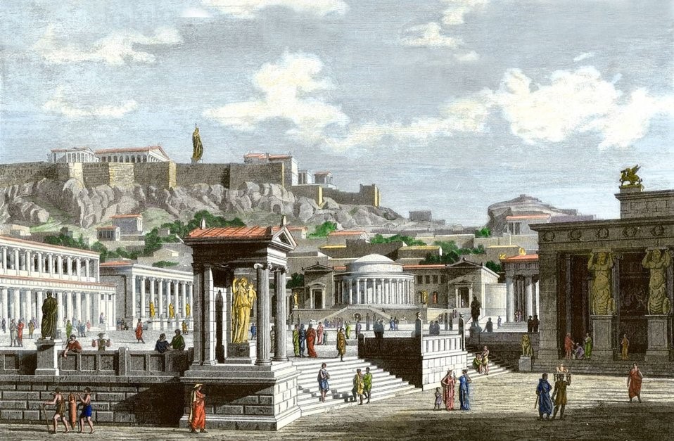 An imaginary depiction of the Agora of ancient Athens at the time of Pericles. https://www.athenskey.com/agora.html