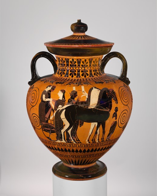 Terracotta neck-amphora (jar) with lid and knob (27.16),ca. 540 B.C. Attributed to Exekias - The Metropolitan Museum of Art