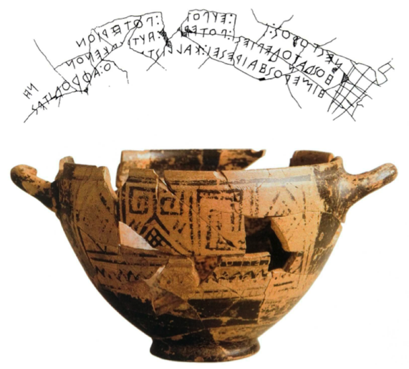 Nestor's cup, Pithekoussai (Naples, Italy). 700 - 750 BCE. Famous for featuring a written reference to King Nestor of Homer's Iliad, the inscription is one of the earliest surviving examples of the Greek alphabet. http://emilyshauser.weebly.com/hocw100/hocw20-nestors-cup-from-pithekoussai-ischia-italy-circa-740-to-720-bce
