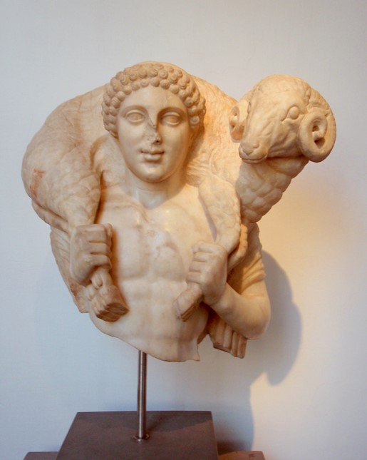Fragmentary statue of Hermes carrying a ram on his shoulders (Kriophoros), Roman copy of the Kriophoros of Kalamis, found near Rome.