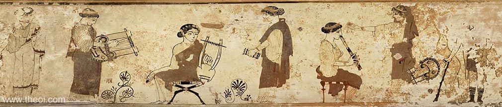 Seven Muses playing a variety of musical instruments including a barbiton, cithara, pipes and flute gather around a herdsman with a cow.