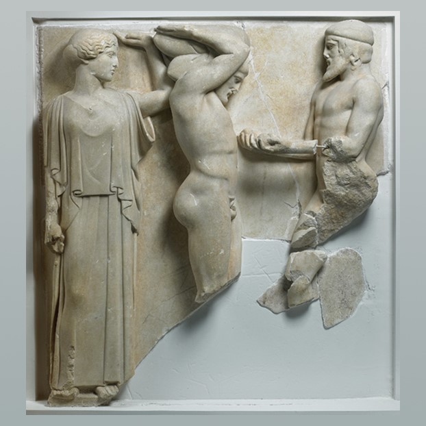 Metope 10 from the Temple of Zeus at Olympia, c. 470–457 bce. 5 ft 3 in (1.60 m). Athena, Herakles, and Atlas with apples of the Hesperides. Olympia, Archaeological Museum. Photo: Marie Mauzy/Art Resource, NY.