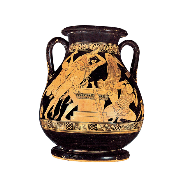 Athenian red-figure pelike (oil container) by the Pan Painter. A sleek Heracles confounds the African servants of the Egyptian King Busiris, who intended to sacrifice him. The servants have African traits as typically portrayed in Greek art (facial features, circumcision) but the artist could not convey dark skin – rather a problem in the red-figure technique though surmounted by others. From Boeotia. About 460 BC. Height 31 cm.