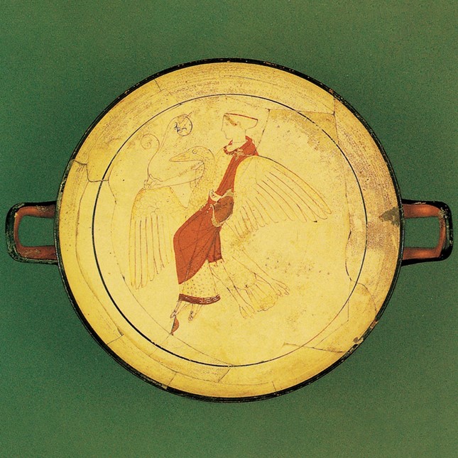 A white-ground cup by the Pistoxenos Painter. Aphrodite rides her goose. From Camirus (Rhodes). About 470 BC. Diameter 24 cm.