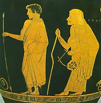 Red-figure skyphos showing Herakles going to his lessons. He is chaperoned by his nanny, who is holding his lyre for him. © Staatliches Museum, Schwerin.