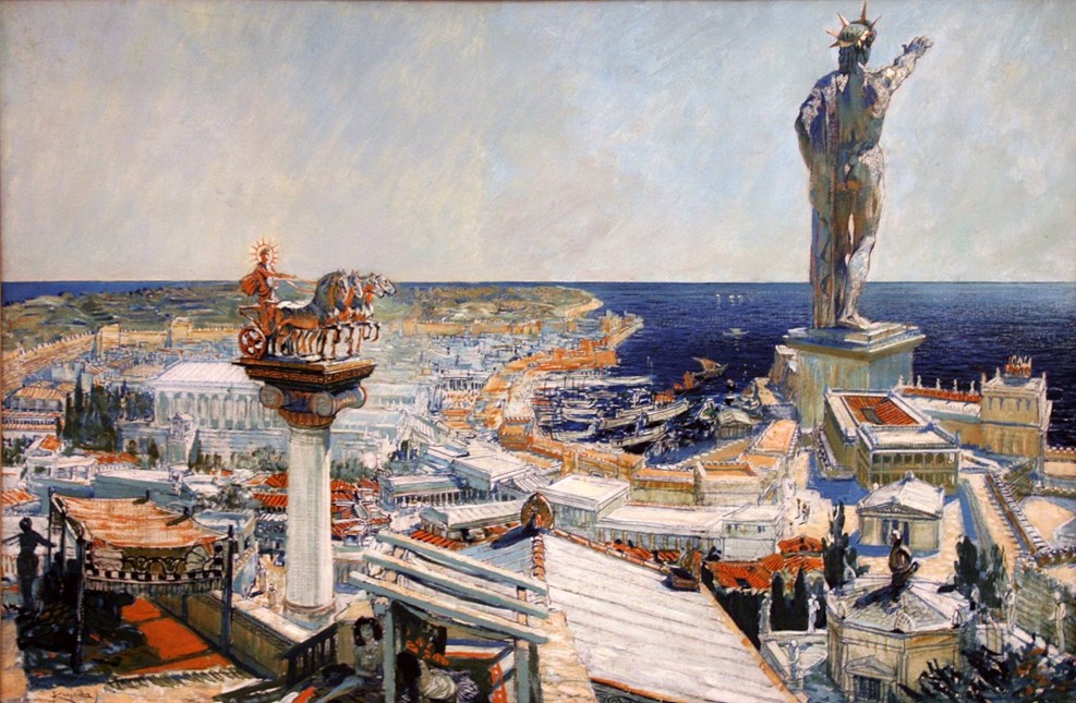 An oil painting representing the ancient city of Rhodes by Frantisek Kupka (1906 CE). Probably a realistic representation of the Colossus of Rhodes which was a gigantic bronze statue, 32 metres high, of the island's patron god Helios, the Sun god. The statue was sculpted by Chares of Lindos, c. 304 BCE and was toppled by the earthquake of 228 or 226 BCE. (Centre for Modern and Contemporary Art, Veletrzni Trades Fair Palace, Prague). Also depicted is a large quadriga or four-horse chariot associated with the god.