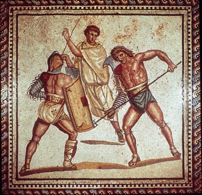 Roman mosaic of gladiators fighting. Photos.com/Thinkstock