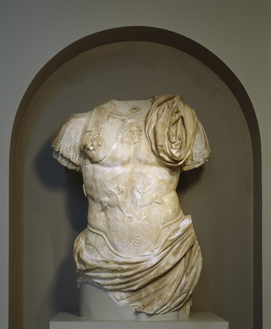 Ancient Roman carved marble torso of an unidentified Roman emperor wearing a breastplate, c. 14-68 CE.