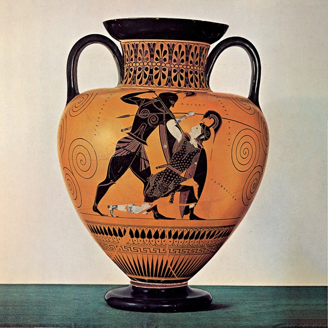 An Athenian black-figure amphora by Exekias. Achilles kills the Amazon queen Penthesilea at Troy. From Vulci. About 540 BC.
