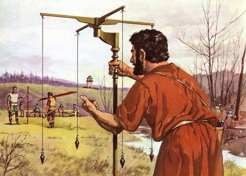 Graphics showing groma being used. https://imperiumromanum.pl/en/curiosities/reconstruction-of-roman-measuring-tool-groma/