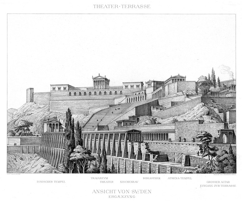 Reconstruction drawing of the theater and theater terrace at Pergamon, as seen from the south. 1896. R. Bohn, Altertümer von Pergamon IV: Die Theater-Terrasse (Berlin 1896), plate 46 (digitized by the University of Heidelberg library). DOI: https://doi.org/10.11588/diglit.920#0050.