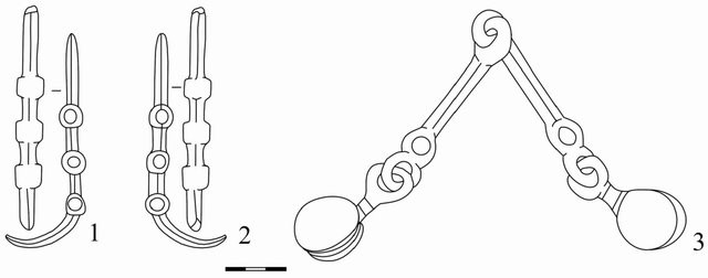 Fig. 2. The items of the later pre-Scythian period from the collection of the Voronezh Regional Museum of Local Lore: 1, 2-psalia (the Staraya Tolucheeva settlement, former Bobrovsky district, Voronezh province); 3-bits (the Ezdotskaya settlement, Korotoyaksky district, Voronezh region); 1-3-bronze https://www.researchgate.net/publication/327649722_The_New_Treasure_of_the_Beginning_of_the_Early_Iron_Age_from_the_Right_Bank_of_the_Don/figures?lo=1