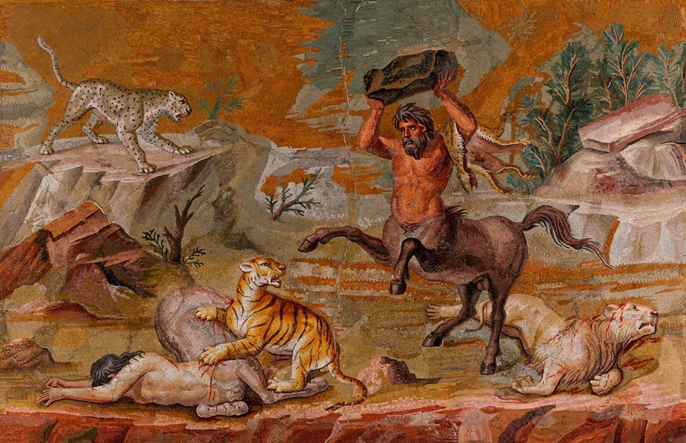 Pair of Centaurs Fighting Cats of Prey from Hadrian's Villa, mosaic, c. 130 C.E. (Altes Museum, Berlin)